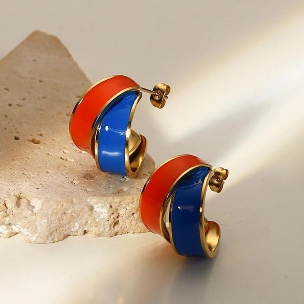 18k Gold Plated Colourful C Shape Glazed Hoop Earrings - Picture 2 of 8